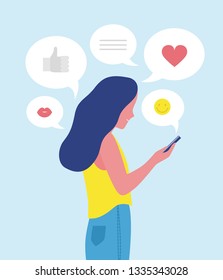 Woman or girl sending and receiving Internet messages on smartphone or texting on mobile phone. Online communication on social network and media, instant messaging. Flat cartoon vector illustration.