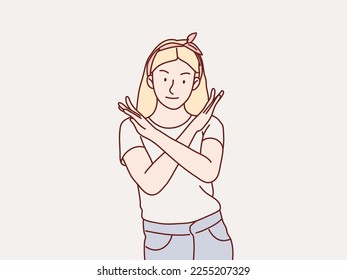 Woman girl serious stop Gesture refuse no With Crossed x Hands simple korean style illustration