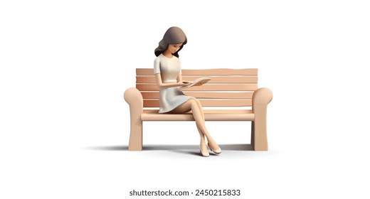 Woman, a girl sits on a bench and reads a book, 3D. For concepts of education, science, literature, recreation, and lifestyle. Vector illustration