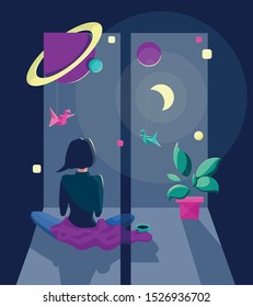 Woman or girl sitting by the window at night wiht cup of tea or cofee and origami. Night sky with planets and moon. Vector illustration banner template