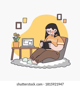 Woman Girl Sitting on The Chair Learning Reading a Book at Home Illustration