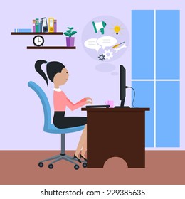 Woman girl sitting on chair at table in front of computer monitor and cartoon flat design style. Side view of female office worker using computer at desk in office near window