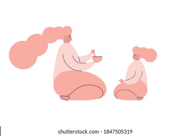 Woman and girl are sitting in profile and meditating with a tibetan singing bowl. Mum and daughter. Children's meditation. Vector flat illustration