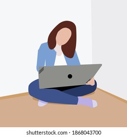 Woman or girl sitting and working at laptop. Remote work or communication over the Internet. Cartoon female character. Simple and clear flat illustration.