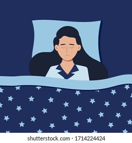 Woman or girl sleeping at night in blue pajamas in bed at home or in hotel. Good night, rest and relax top view concept. Flat design cartoon style vector illustration. View from above.