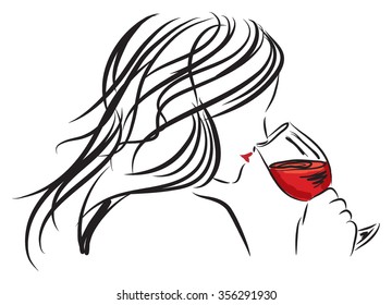 Woman Girl Smelling A Wine Glass Illustration