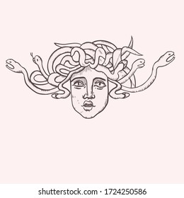Woman girl with snakes, jellyfish gorgon mythical creature, arrogant expression of evil face. Vector illustration on white background. For cards, posters, decor, t shirt design, logo. 