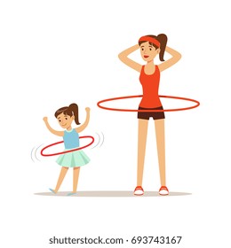 Woman and girl spinning a hula hoop around the waist, mom and daughter having good time together colorful characters