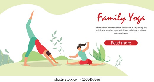 Woman and Girl in Sports Wear Fitness or Family Yoga, Aerobics Outdoor, Mother Daughter Healthy Sport Lifestyle, Pilates Workout, Training Open Air Cartoon Flat Vector Illustration, Horizontal Banner