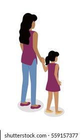 Woman with girl standing backwards isometric projection icon. Mother and daughter holding hands vector illustration isolated on white background. Adult female and child 3d characters for infographics 