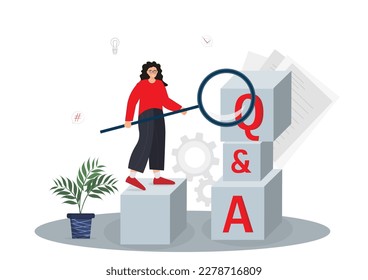 Woman, girl standing near Q and A letters, asking a question concept, teamwork concept, successful problem solving, flat vector illustration