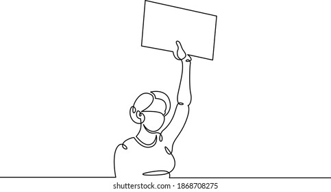 Mujer joven con un cartel en las manos sosteniendo una pancarta. Protesta social y manifestaciones. Una línea de dibujo continua, logo de un solo dibujo a mano doodle aisló una mínima ilustración.