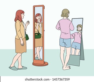 A woman   girl are staring at each other in standing mirror  hand drawn style vector design illustrations  