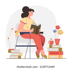 Woman girl student character reading book. Education concept. Vector flat modern style graphic illustration

