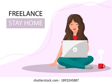 A woman, a girl studies, sits, works at home at a computer, laptop. The concept of online education, courses, training, freelancing. Flat style.