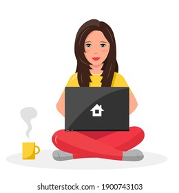 A woman, a girl studies, sits, works at home at a computer, laptop. The concept of online education, courses, training, freelancing. Flat style.