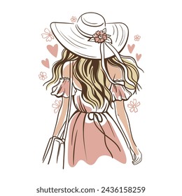 Woman girl in summer hat, rear view, feeling self-love, bliss, harmony, positive emotions. Happy calm peaceful girl in a summer dress. Caring, humanity, self-help beauty concept. Colored flat vector