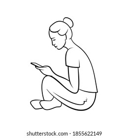 Woman, girl, teenager sitting with phone, smartphone, gadget, social media vector illustration