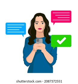 Woman girl texting on phone flat vector illustration Minimal Design