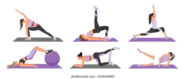 Woman, girl training set gym. Women doing stretching, sport, fitness, yoga exercises. Lunges, squats, side slats, tilt, bridge, fitness ball, fitness elastic band, leg lift, raise. Vector illustration