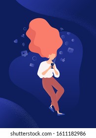 Woman or girl using smart phone. Web development business concept. Girl with social media obsession, online messaging addiction.  Flat abstract cartoon colorful vector illustration.