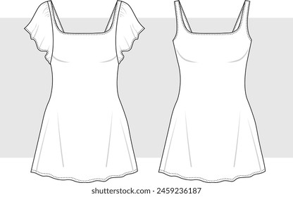 Mujer y niña de Vector de manga corta lindo mini vestido dibujo técnico, vestido de mujer con detalle de volantes de moda CAD, boceto, Plantilla, plano.