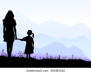 Woman and girl walking