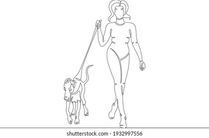 Woman girl walking his dog. Owner with his pet. Dog breeding and dog training. One continuous drawing line  logo single hand drawn art doodle isolated minimal illustration.