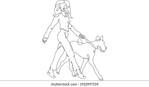 Woman girl walking his dog. Owner with his pet. Dog breeding and dog training. One continuous drawing line  logo single hand drawn art doodle isolated minimal illustration.