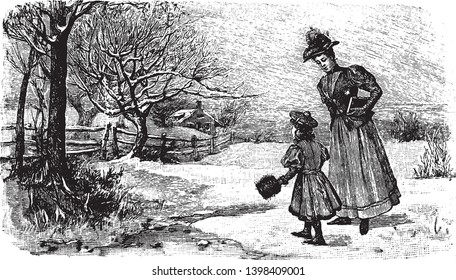 A woman and girl walking towards tree, vintage line drawing or engraving illustration