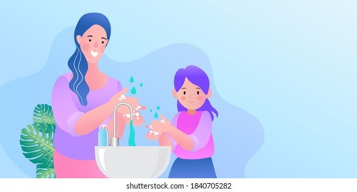 Woman And Girl Washing Hand.  Protection Against Infections And Viruses. Hygiene Concept. Cartoon People Character Isolated Illustration.