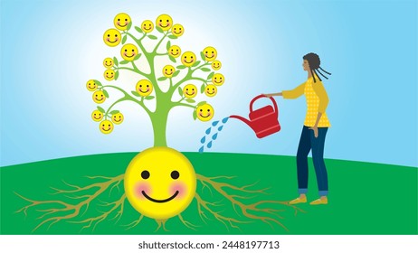 Woman, girl watering happiness tree. Dimension 16:9. Vector illustration.