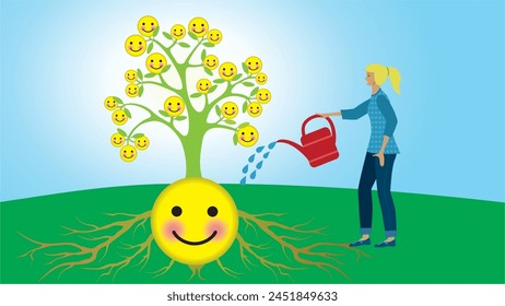 Woman, girl watering happiness tree. Dimension 16:9. Vector illustration
