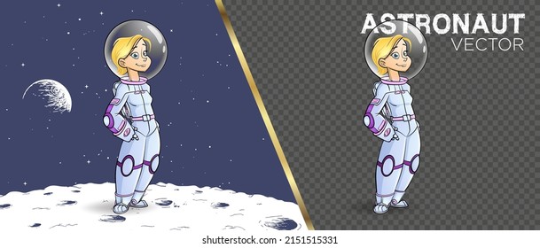 Woman Girl Wearing Astronaut Suit Happy On Moon In Space Cartoon Vector