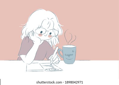 woman girl wearing glasses writing with cup of coffee, woman girl resting her chin on hand 
