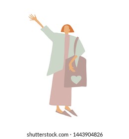 Woman or girl welcome gesture or wave with a big eco-bag shopper dressed in trendy clothes . Girl power concept. Female cartoon characters. Trendy flat style.  