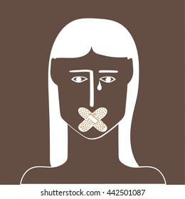 Woman or girl who is unable to voice her opinion because of sticking plaster across her mouth as a metaphor for equality and feminism