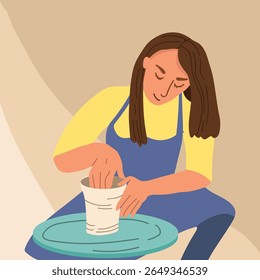 Mulher, garota trabalhando no estúdio de cerâmica. Ela criava hobby na oficina de cerâmica. Ceramista Pessoa desenhada à mão ilustração vetorial 
