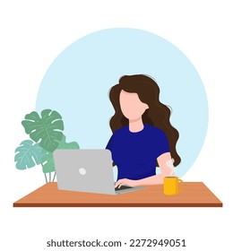 Woman, girl working on a computer in the office or at home. Freelancer or student. Home office concept. Vector illustration in a flat cartoon style.