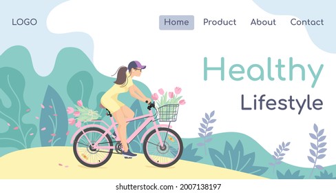 Woman, Girl In Yellow Dress On Blue Bicycle, Cycle, Bike With Pink Flower Rides In The Park, Outdoor, Sammer Forest. Vector Illustration For Landing Page, Poster, Banner, Web, Advertising.