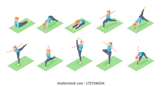 Woman or girl yoga poses exercise on yoga mat, vector isometric icons. Woman body balance and stretch, sport and fitness workout, or pilates workout, mediation posture and wellness activity