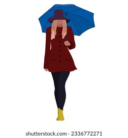 woman girl young walking in rain rainy autumn spring winter day wearing red raincoat holding blue umbrella in yellow rain boots shoes purple hat wet soggy cold lonely walk vector art illustration.   