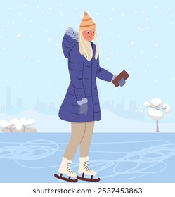 Woman, girlskating on ice rink outdoors in winter. Skater in cold weather with snow. Lake on wintertime holidays. Flat vector illustration isolated on white background

