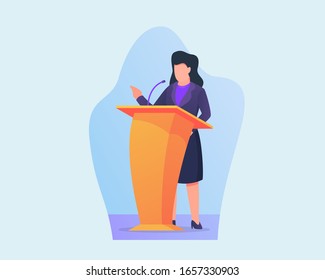 Woman Give Business Speech On Podium With Modern Flat Style