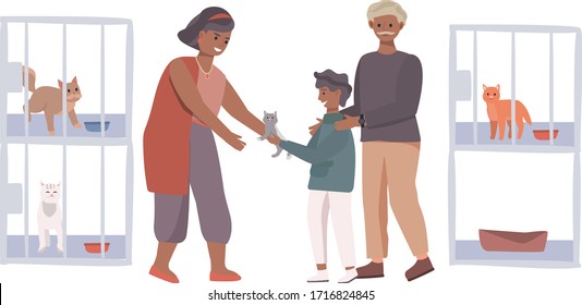 Woman give to child and mother a cat concept and vector illustration on white background. Male and female characters. Animal nursery, help for abandoned pets, cages with cats. Flat style.