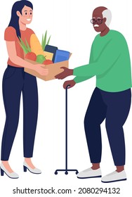 Woman give food to elderly semi flat color vector character. Posing figures. Full body people on white. Social service isolated modern cartoon style illustration for graphic design and animation