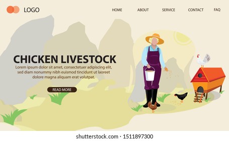 Woman give a food for rooster. Concept for farm house. Web Template Concept. Landing Page Concept. Flat Cartoon Vector Illustration