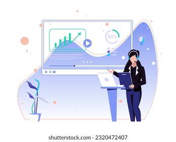 Woman give presentations in big screens. digital work concepts, remote work, and business communications. Modern flat vector illustration.