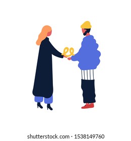 Woman give pretzel to her boyfriend flat vector illustration. Friends meeting, standing together. Two people tasting baking product. Girl and boy having friendly conversation cartoon characters.