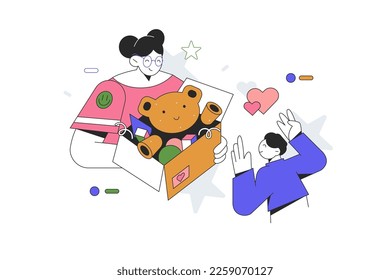Woman gives a box with toys to a boy, vector illustration. The boy is happy to receive a large set of new toys. New set for a child to play with.